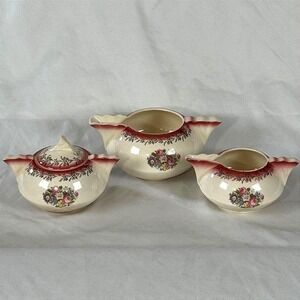 Vintage French Saxon Sebring Creamer Sugar Bowl Lid Milk Jug Set 22K Gold Floral